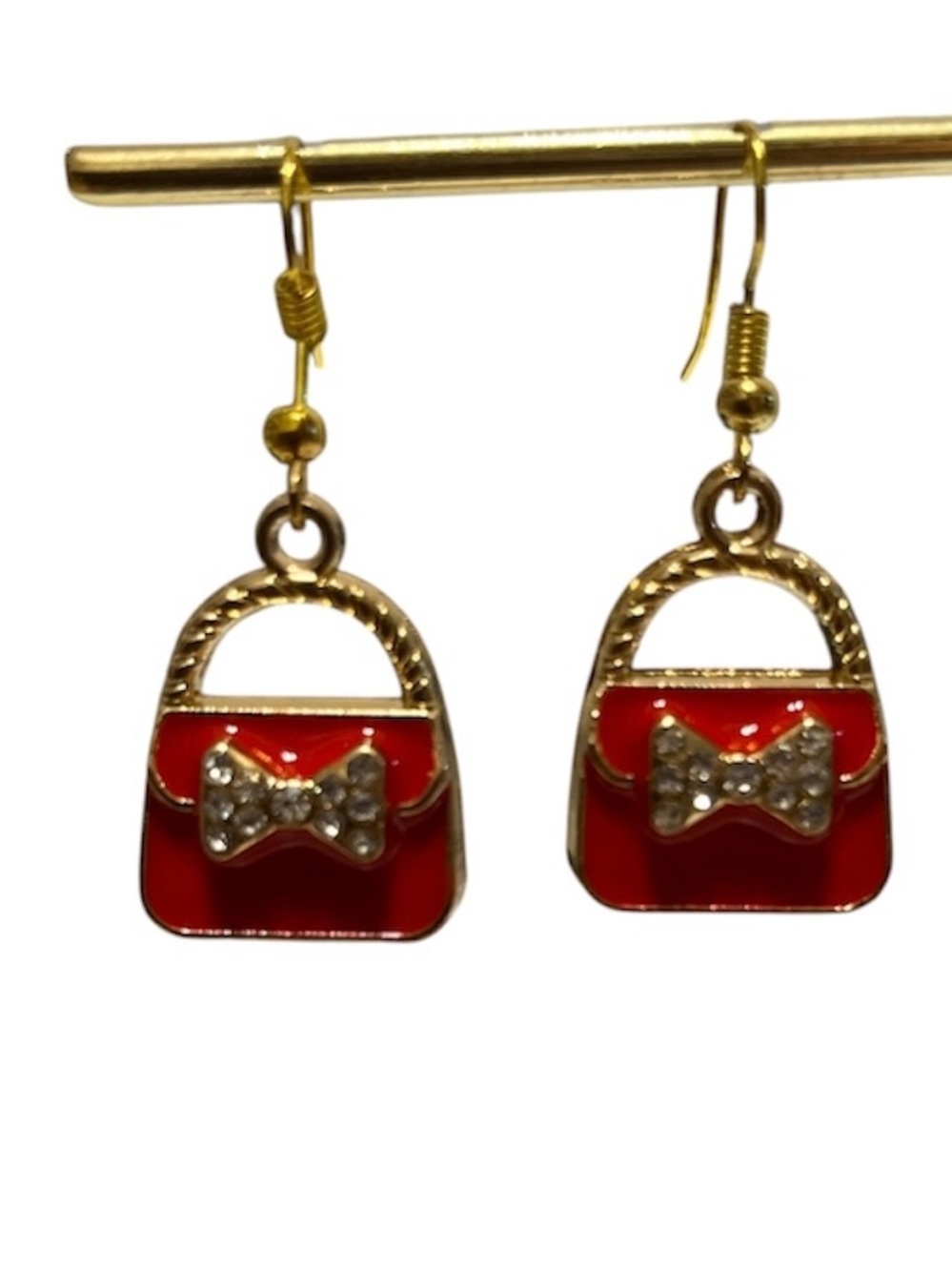 Red Enamel Handbag Drop Earrings with Crystal Bow